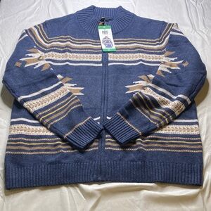 Frye Men's Blue and Brown Patterned Zip-Up Sweater
